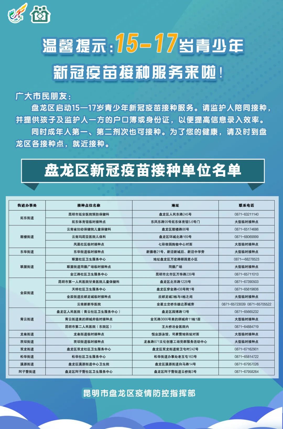 昆明盤龍區(qū)未成年新冠疫苗接種最新消息(接種點+條件)